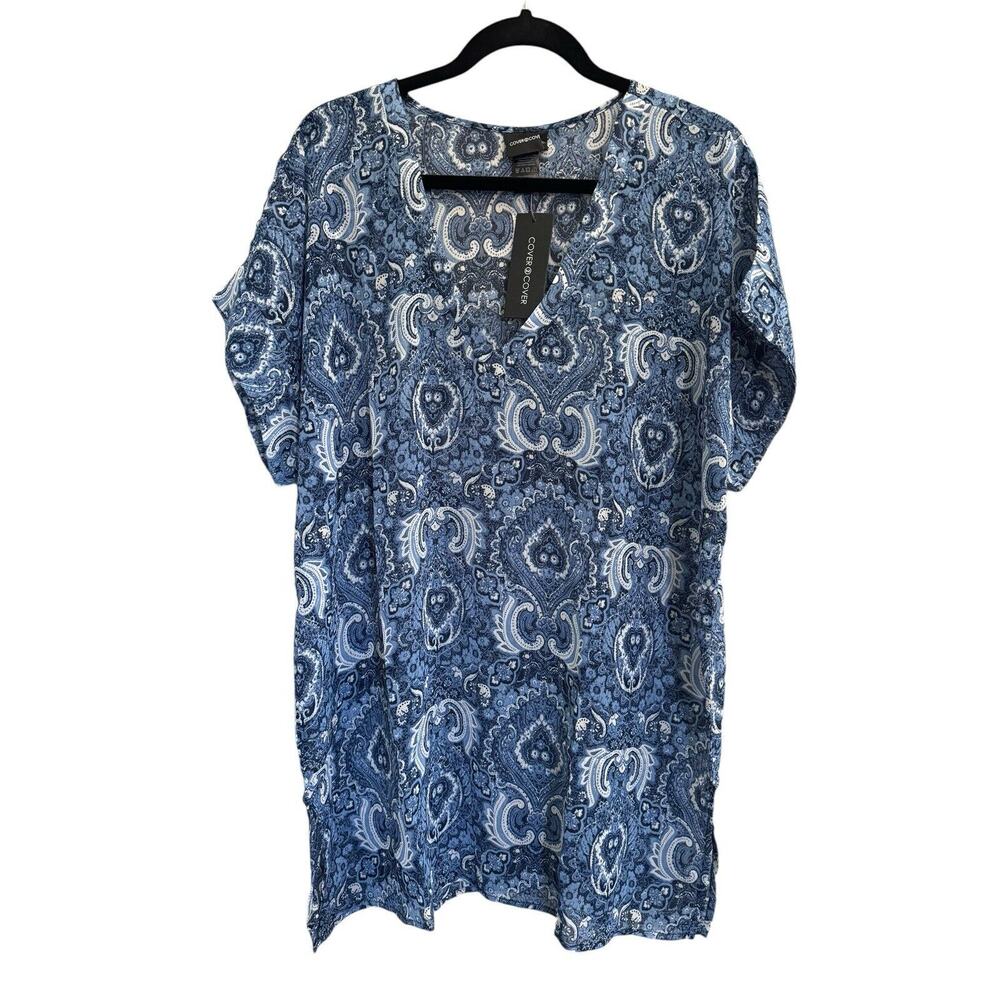 NWT Cover 2 Cover XS Blue White Etolile Paisley Sheer Swim Coverup VNeck #2265